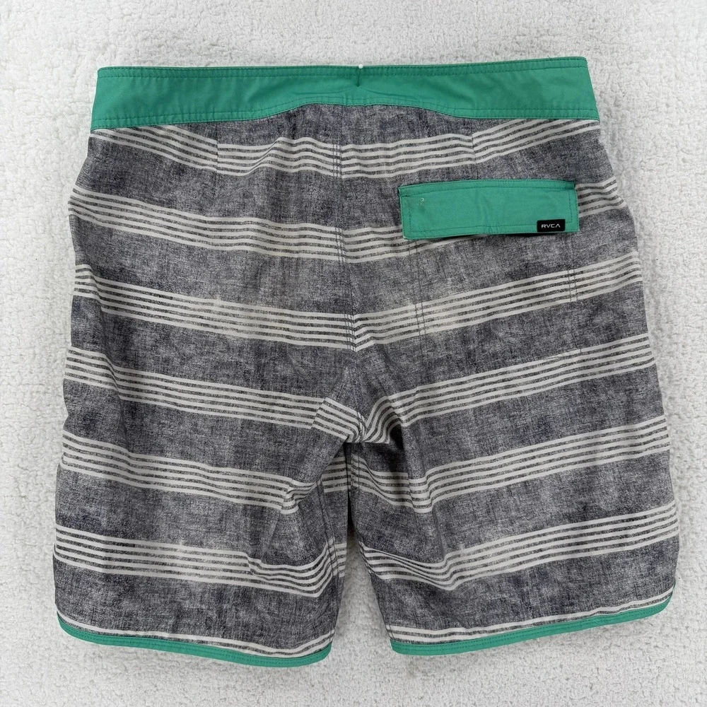 RVCA Board Shorts Mens Medium Gray Stripe Surf Swim Trunks Green Trim Quick Dry‎